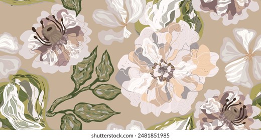 Fantasy stylized blooming floral pattern with peonies flowers, seamless endless vector rapport with overlapping pattern