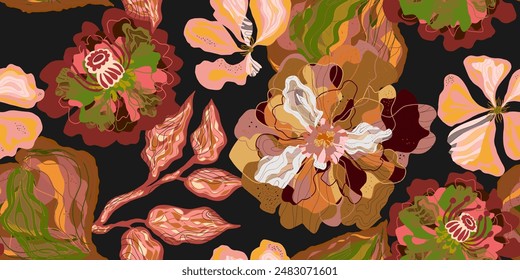 Fantasy stylized blooming floral pattern with peonies flowers, seamless endless vector rapport with overlapping pattern