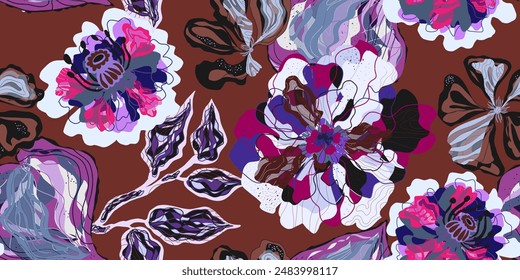 Fantasy stylized blooming floral pattern with peonies flowers, seamless endless vector rapport with overlapping pattern