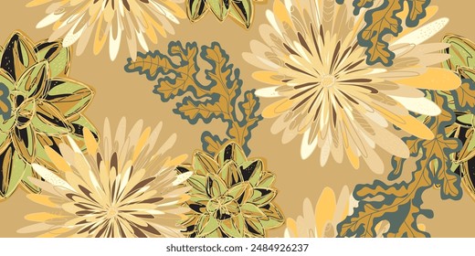 Fantasy stylized blooming floral pattern with chrysanthemum flowers, seamless endless vector rapport with overlapping pattern