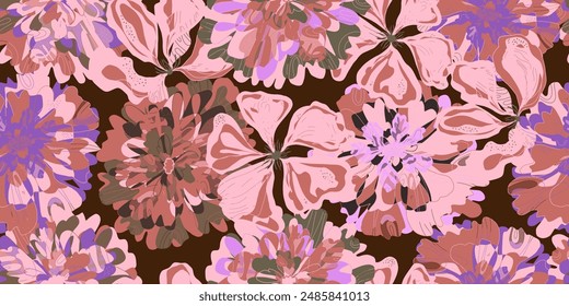 Fantasy stylized blooming floral pattern with assorted flowers seamless endless overlapping pattern rapport vector