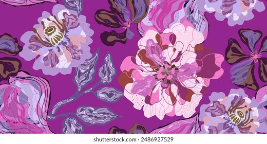 Fantasy stylized blooming floral pattern with peonies flowers, seamless endless vector rapport with overlapping pattern