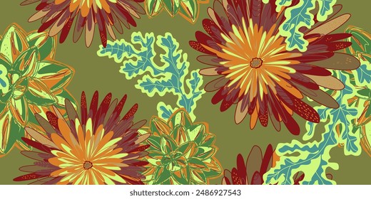 Fantasy stylized blooming floral pattern with chrysanthemum flowers, seamless endless vector rapport with overlapping pattern