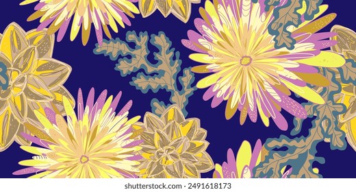 Fantasy stylized blooming floral pattern with chrysanthemum flowers, seamless endless vector rapport with overlapping pattern