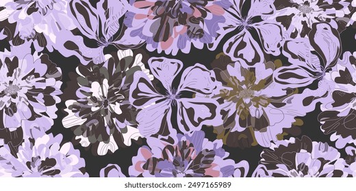 Fantasy stylized blooming floral pattern with assorted flowers seamless endless overlapping pattern rapport vector