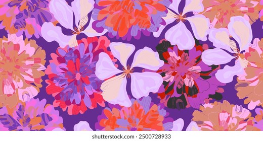 Fantasy stylized blooming floral pattern with assorted flowers seamless endless overlapping pattern rapport vector
