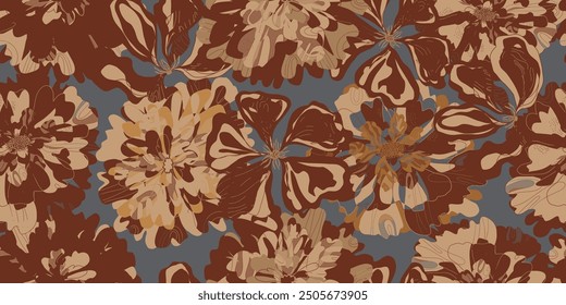 Fantasy stylized blooming floral pattern with assorted flowers seamless endless overlapping pattern rapport vector