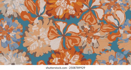 Fantasy stylized blooming floral pattern with assorted flowers seamless endless overlapping pattern rapport vector