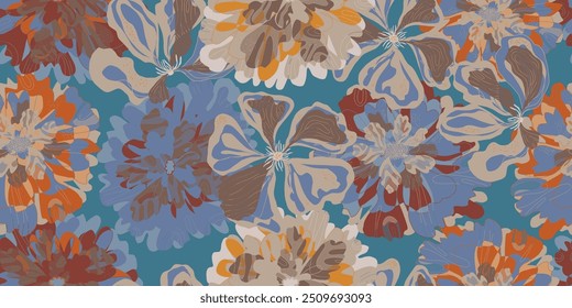 Fantasy stylized blooming floral pattern with assorted flowers seamless endless overlapping pattern rapport vector