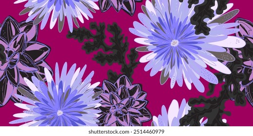 Fantasy stylized blooming floral pattern with chrysanthemum flowers, seamless endless vector rapport with overlapping pattern
