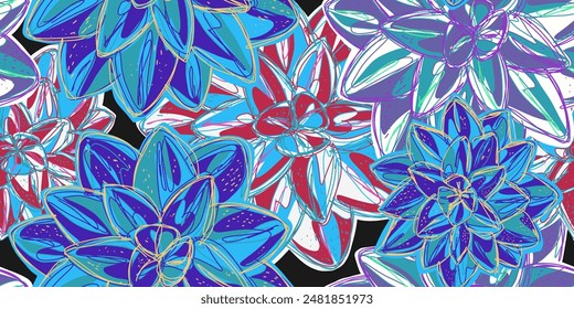 Fantasy stylized floral pattern succulents desert rose, seamless endless vector rapport with overlapping pattern