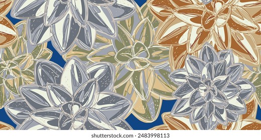 Fantasy stylized floral pattern succulents desert rose, seamless endless vector rapport with overlapping pattern