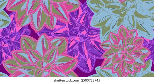 Fantasy stylized floral pattern succulents desert rose, seamless endless vector rapport with overlapping pattern