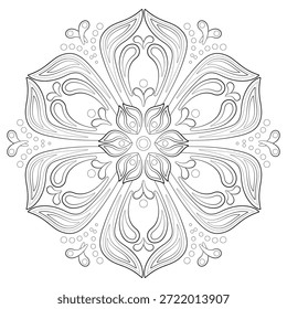 Fantasía estilizada página para colorear de flores. Ornamento de mandala indio de planta monocromática. Elemento de diseño redondo de filigrana ornamental. Decoración floral oriental étnica para la ropa, hogar, oficina, papelería