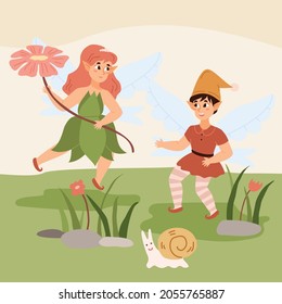 Fantasy summer forest background with cute adorable pixies or elves, flat cartoon vector illustration. Fairy tale folklore pixie boy and girl among flowers.