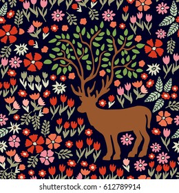 Fantasy summer garden with dear and blooming flowers. Seamless vector pattern with Victorian motif.