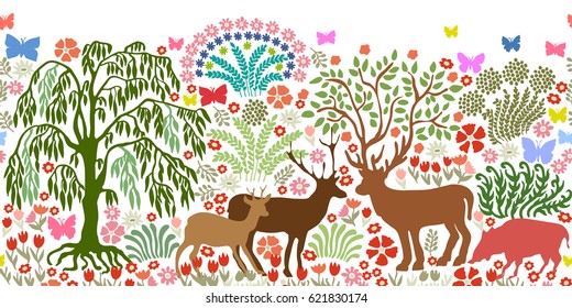Fantasy summer garden with dears,roes and blooming flowers. Seamless vector pattern with Victorian motif.
