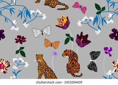 Fantasy summer jungle. Seamless vector pattern with leopards, tigers and abstract tropical plants on grey background. Safari textile collection.