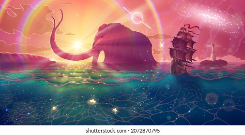 Fantasy summer sunset landscape drawing with magic blue sea and ship, sun light with rocks, pink sky with planets, seascape art with green water, beautiful fairy tale ocean illustration.