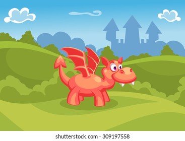 Fantasy summer vector Illustration with castle and a red dragon