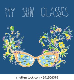 Fantasy sun glasses with floral pattern and night sky reflection. Vector greetings card on a rumpled old blue paper.