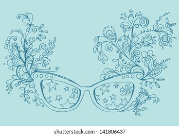 Fantasy sun glasses with floral pattern and night sky reflection. Vector illustration.