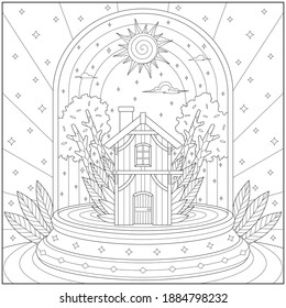 Fantasy sunny house in the summer inside ball glass. Learning and education coloring page illustration for adults and children. Outline style, black and white drawing
