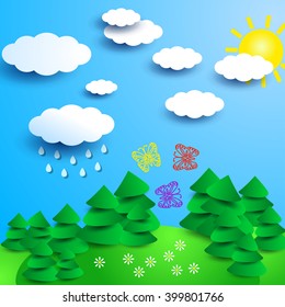 Fantasy sunny landscape with butterflies and spruce. 
