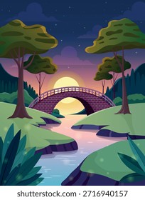 Fantasy sunset landscape with stone bridge and river