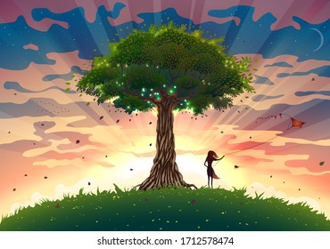 Fantasy sunset landscape with tree and girl flying kite, summer sunrise illustration with light beams, beautiful nature with sky, green grass and flowers on meadow in vector