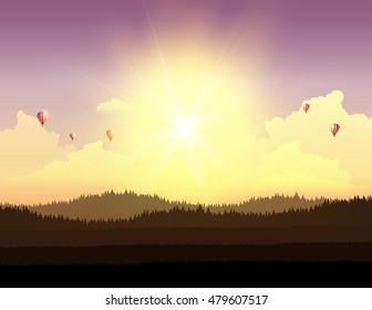 Fantasy Sunset Landscape Vector Illustration.