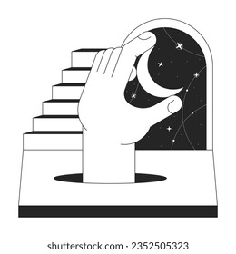 Fantasy surreal night bw concept vector spot illustration. Staircase crescent 2D cartoon flat line monochromatic scene for web UI design. Holding moon esoteric editable isolated outline hero image