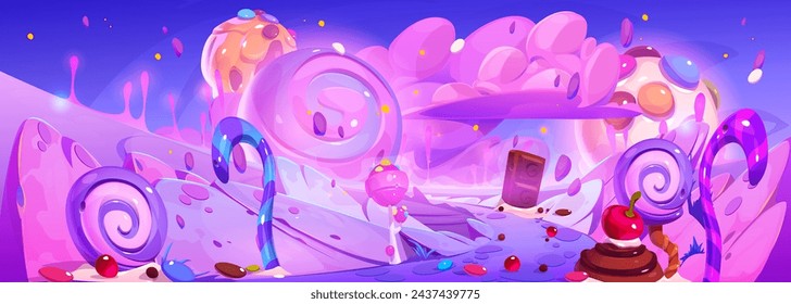 Fantasy sweet candy land game landscape background. Cute cake and confectionery food with chocolate in dream scene panorama design. Lollipop dessert in candyland world with road and childish nature