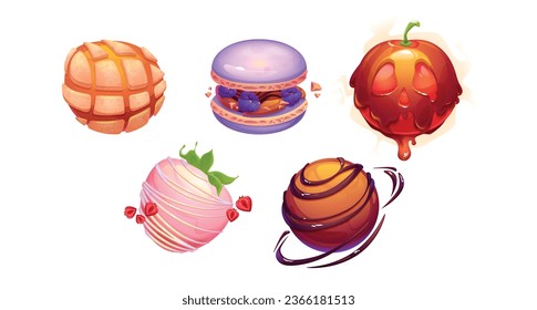 Fantasy sweet desserts planet. Cartoon vector set of confectionery and bakery balls for game space assets. Round cosmic worlds like waffles, ice cream with strawberry, macaroon and chocolate pastries