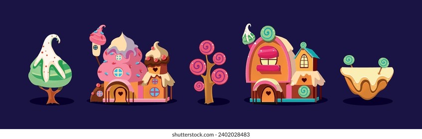 Fantasy Sweet Land Caramel Nature Element for Game Design Vector Set