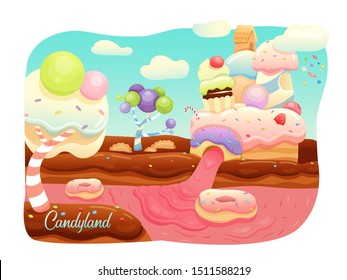 Fantasy Sweet World Flat Vector Illustration. Cake Houses, Delicious Juice River, Cookies And Chocolate Road Dream Land