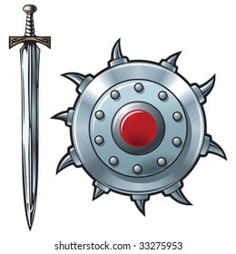 Fantasy sword and shield made of shining metal, vector illustration