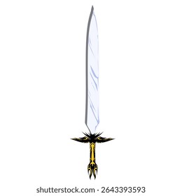 Fantasy sword stands upright featuring a long white blade with subtle streaks and a decorative golden hilt with ornate black details, set against a clean transparent backdrop.