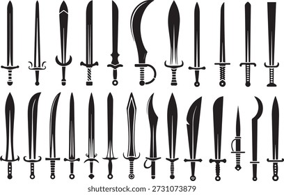  Fantasy sword tattoo set, vector linocut magic blade, dragon wings, fairy tale silhouette collection. Mystic legend snake print, spiritual medieval logotype, witchcraft sign. Sword tattoo black design