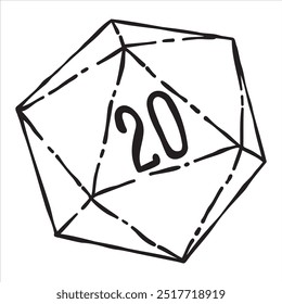 Fantasy tabletop icosahedron illustration in retro style. D20 dice for board game.