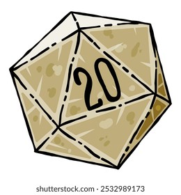 Fantasy tabletop icosahedron illustration in retro style. D20 dice for dnd board game.