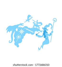 Fantasy tale flat concept vector illustration. Fairytale imagination. Creative scene from folklore. Wizard and dragon 2D cartoon characters for web design. Role playing creative idea