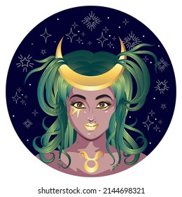 Fantasy Taurus girl with Egyptian style makeup and crescent moon illustration.