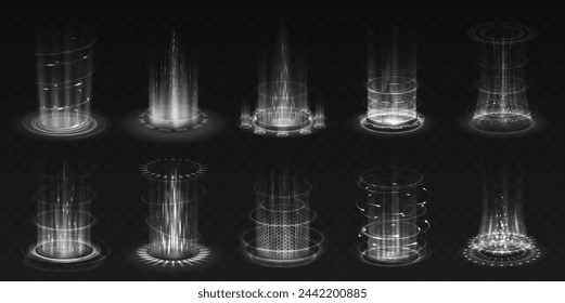 Fantasy teleportation portals realistic vector illustration set. Hero level up variations 3d elements on transparent background. Video-game template