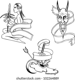 Fantasy templates with ribbons. Set of black and white vector illustrations.