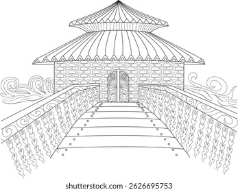 Fantasy Temple Bridge Line Art, Schwarz-Weiß-Linie Kunst Illustration einer verzierten Tempel-ähnlichen Struktur auf einer dekorativen Brücke über stilisiertes Wasser. Detailzeichnung zum Färben geeignet