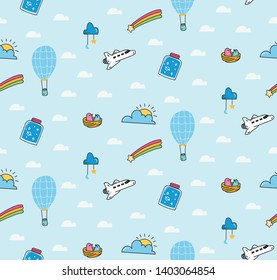 Fantasy themed seamless background with balloon and space shuttle