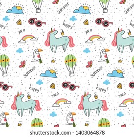 Fantasy themed seamless background with unicorn and bird