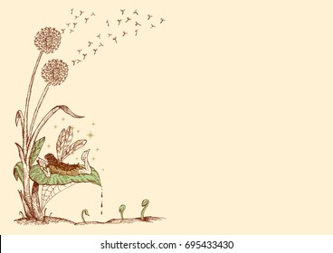 Fantasy themed side motif for stationery. Female fairy reading a leaf book on a dandelion plant. Editable Clip Art.
