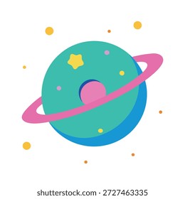 Fantasia planeta rosquinha tridimensional orbitando minúsculas estrelas isoladas sobre fundo branco limpo